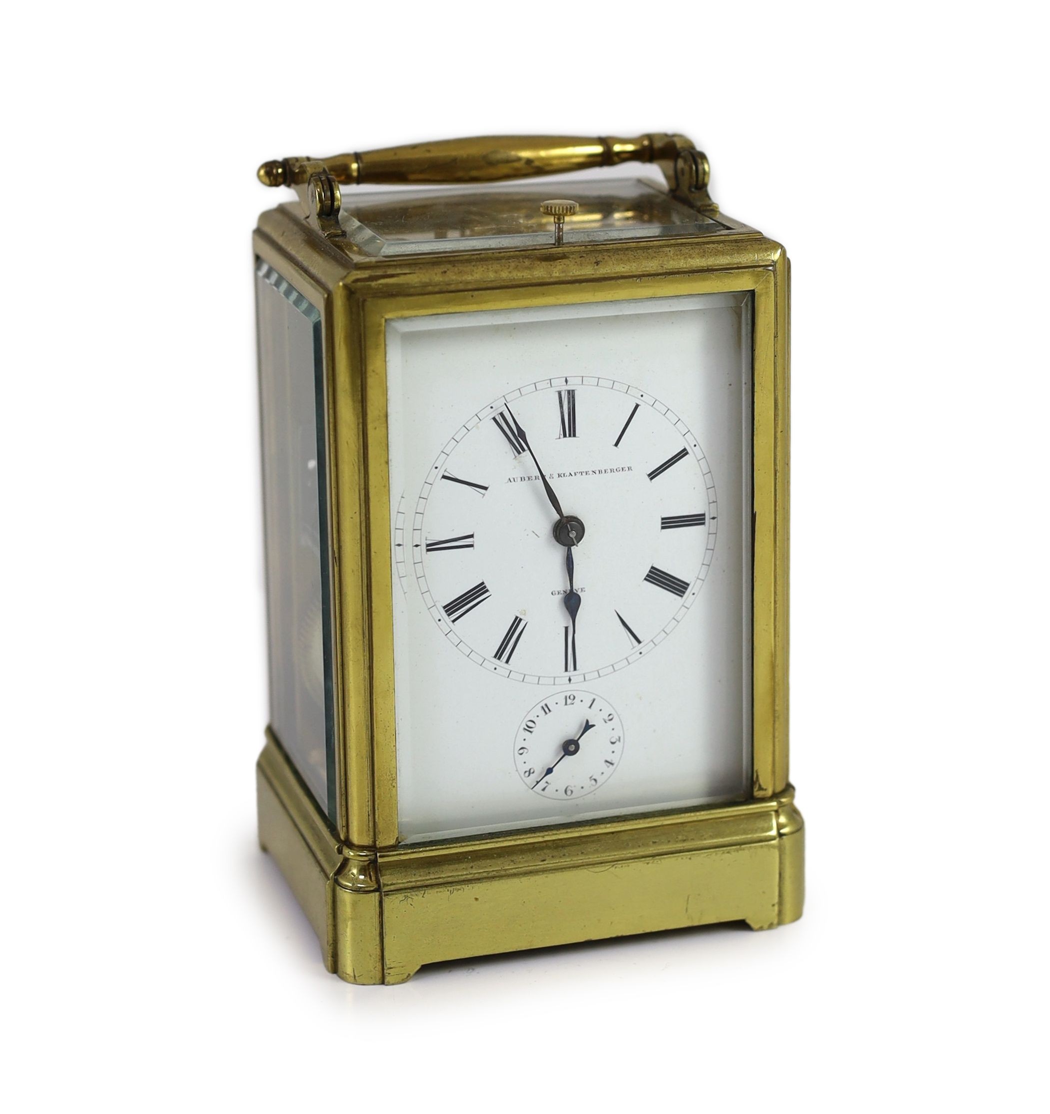 Aubert & Klaftenberger, Geneva. A late 19th century hour repeating carriage alarum clock, width 9cm depth 8cm height 14cm